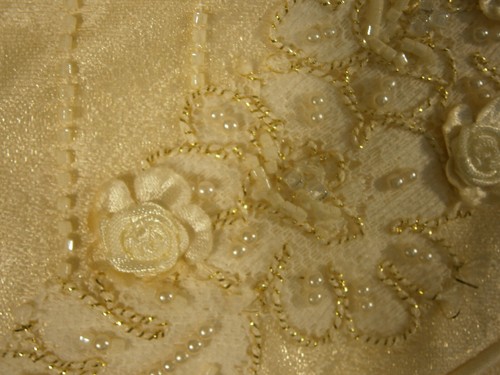 Anjolique Wedding Dress 10 Gold Floral Damask 3-D Roses Corset Off Shoulder NEW - Picture 13 of 21