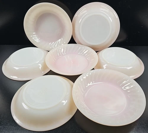 7 Fire King Swirl Pink Soup Bowls Set Vintage Anchor Hocking Dishes MCM USA Lot