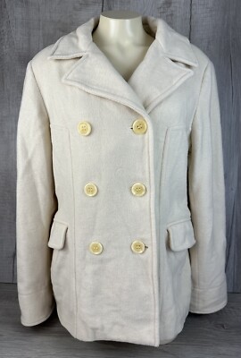Esprit Outerwear Wool Blend Pea Coat Ivory Beige White Button Up Jacket Womens L