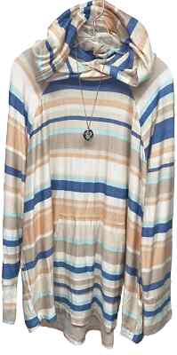 M Lularoe Amber Lightweight Hoodie Striped Blue Brown Tan Cream