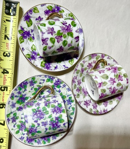 3 Vintage Demitasse Cups And Saucers White with Purple Violets Inarco + 2 Oz - Picture 2 of 14
