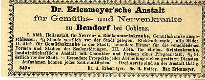 Dr.Erlenmeyer'sche Anstalt zu Bendorf bei Coblenz Historische Annonce 1879