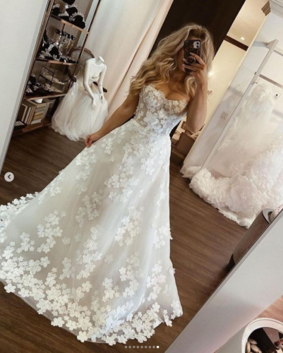 Prinzessin Hochzeitskleider trägerlos 3D Blume Spitze A Line Brautkleid weiß elfenbein - Bild 3 von 9