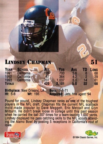 Draft clásico de la NFL 1994 #51 - Lindsey Chapman - New York Jets 94-526 - Imagen 2 de 2