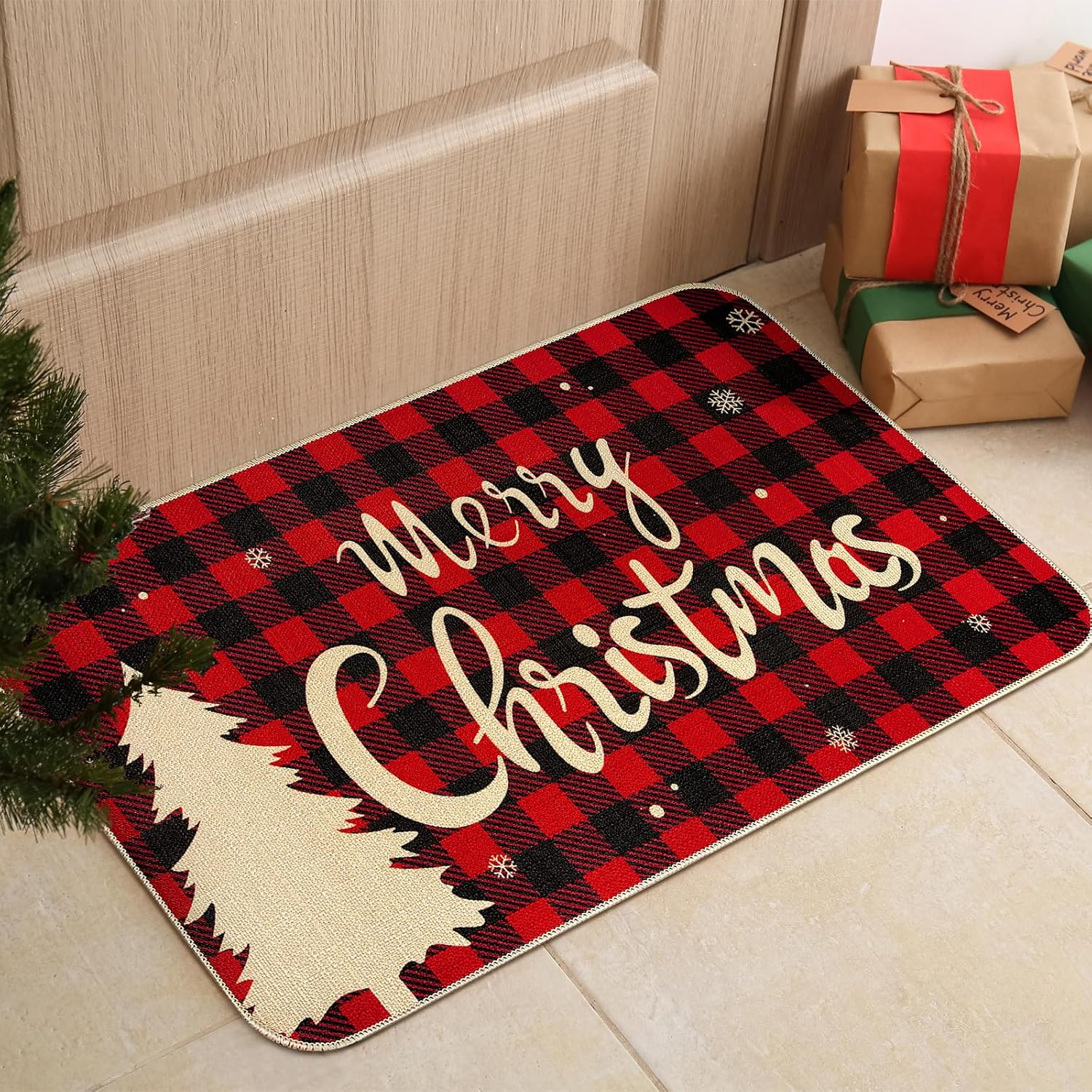 Christmas Door Mat, Merry Christmas Outdoor Mat, Non Slip Buffalo Plaid Christma