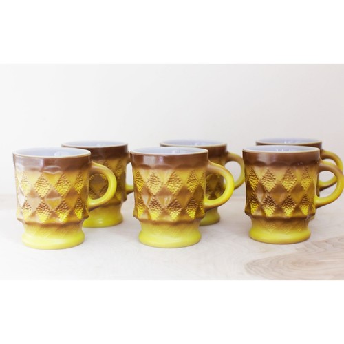Yellow & Brown Fire King Kimberly Mugs Set of Six 60s Diamond Patterned Mugs - Picture 5 of 8