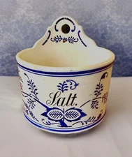 Vintage GMT Co Inc Salt Wall Hanging Box Germany Pottery Blue Onion 3998 No Lid