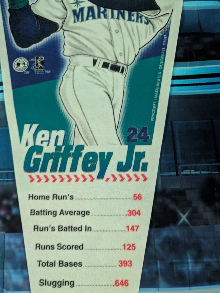 Juego de 4 banderines vintage MLB Seattle Mariners Moose, Griffey, Buhner, Cora Foto 3 de 4