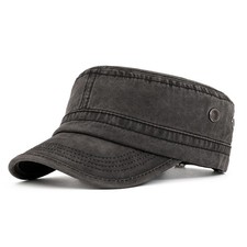 Black Military Cadet Army Caps Washed Cotton Vintage Flat Top Cap Unisex Basi...