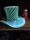 VINTAGE LARGE 9 X 7.6 X 5.5 FENTON GREEN OPALESCENT TOP HAT ...USA MADE