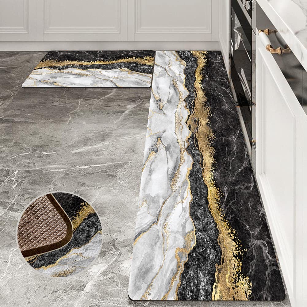 Black Gold Marble Anti-Fatigue Kitchen Mat Set 2-Piece
