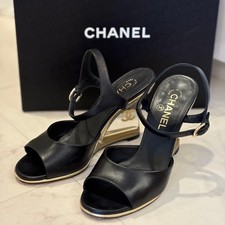 CHANEL Logo COCO MARK Clear Sole Sandals Mules Pumps Shoes Women Size 38 Cowhide