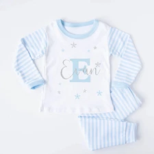 Blue Silver Glitter Initial Blue Striped Christmas Pyjamas