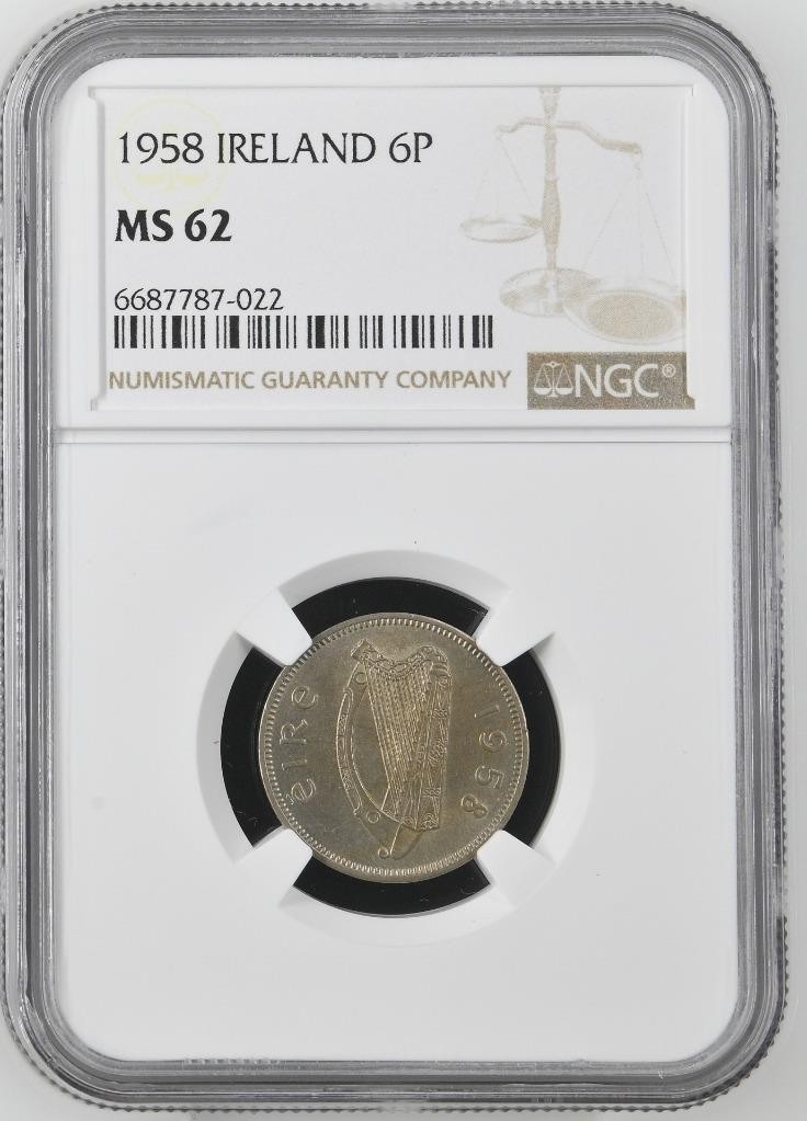 Ireland 6 Pence 1958 NGC MS 62