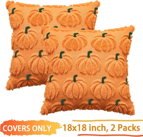 2Pcs Pumpkin Fall Decorative Throw Pillow Covers 18"x18",for Farmhouse Halloween - Picture 2 of 5