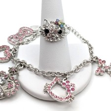 Hello Kitty Ring and Coordinating Pink Rhinestone Blinged out Charm Bracelet