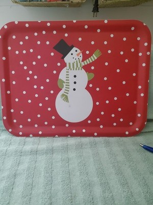 Crate And Barrel Large 17'' X  13'' Snowman & Snow Flake PlatterRed White B26