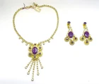 Vtg. Amethyst Rhinestone Goldtone Costume Jewelry Necklace + Earrings - 02