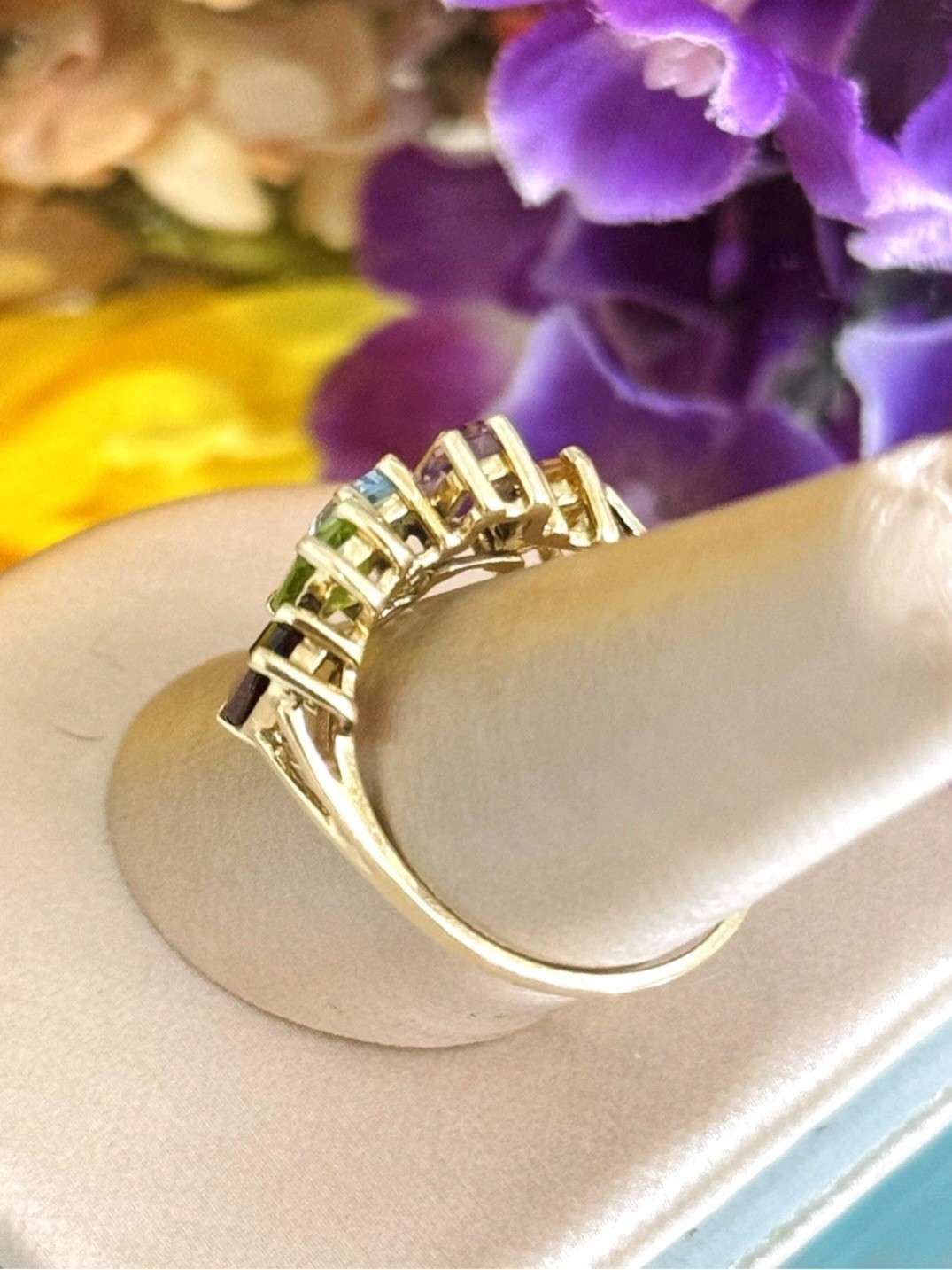 10k Solid Yellow Gold Multi Natural Gemstone Cock… - image 5