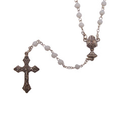White 4 mm First Communion Rosary Beads for Girls with Silver Tone Toned