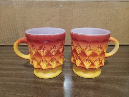 Vtg Anchor Hocking Kimberly Fire King 2 Coffee Mugs Orange Red Diamond Pattern