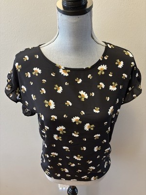 LOFT Womens XSP Black Floral Print Short Flutter Sleeve Top Blouse