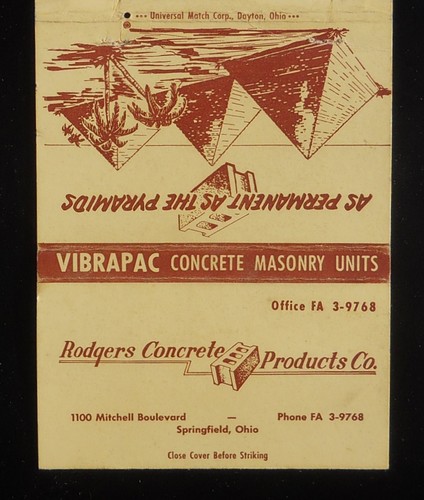 Rodgers Concrete Products Co. Vibrapac Mason Units Pyramids Springfield OH años 50 - Imagen 1 de 2