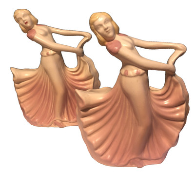 Pair Of Two Vintage 1940's Hull Pottery 955 Pink  Dancing Ladies Planters