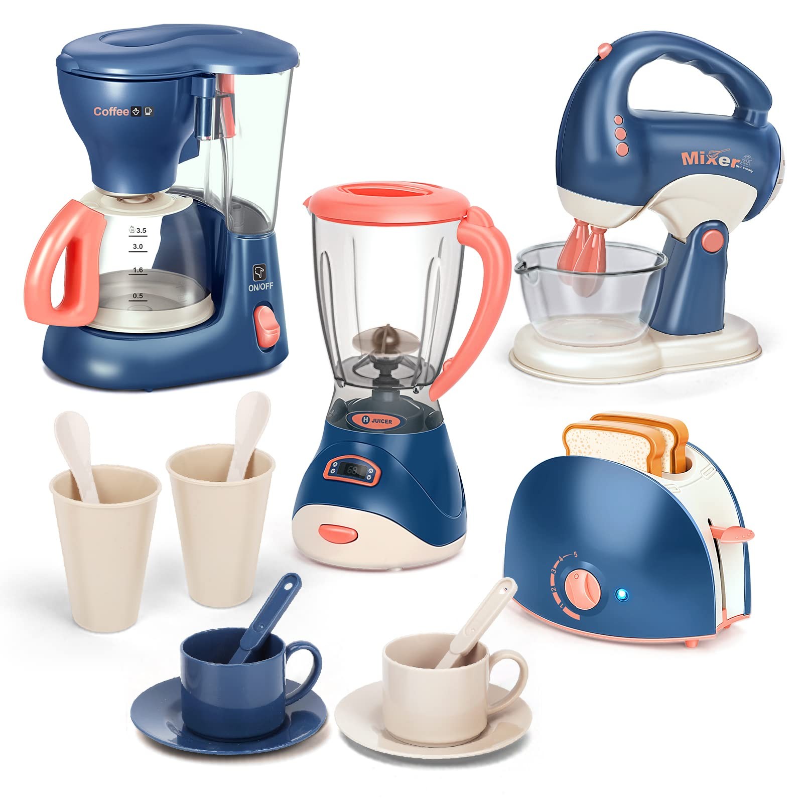 Yalujumb Pretend Play Kitchen Appliances Toy Set with Coffee Maker Machine,Bl...