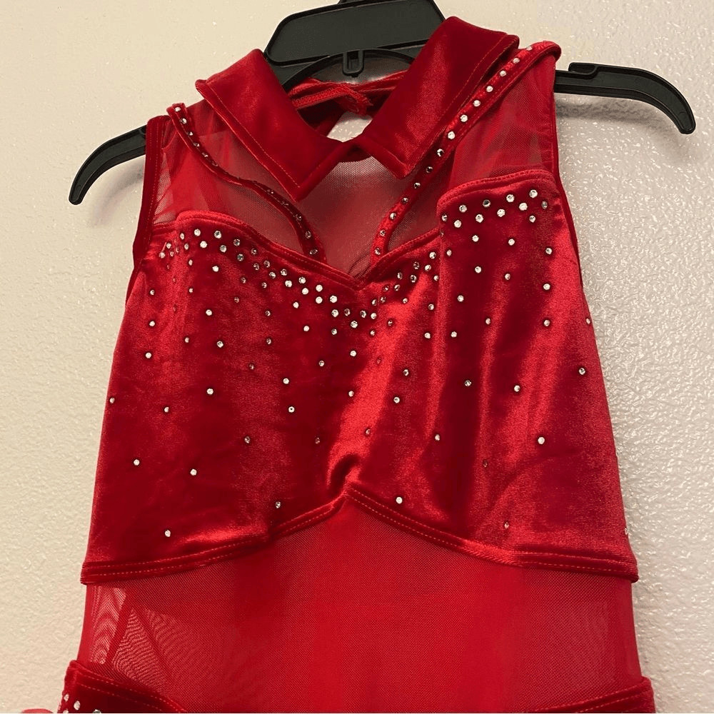 WEISSMAN solo Dance Costume red Crystal feather Leotard stoned velvet 15752 MA View 3