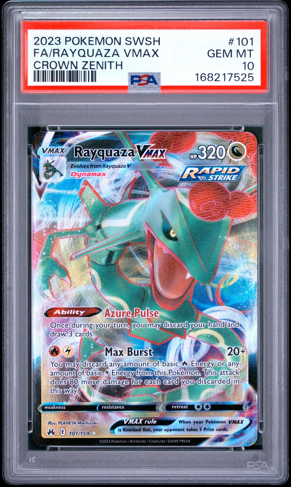 2023 POKEMON SWORD & SHIELD CROWN ZENITH #101 FULL ART/RAYQUAZA VMAX PSA 10