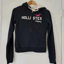 Hollister Womens Faux Fur Lined Hoodie Small Y2K Zip Spellout Sherpa Preppy Y2K