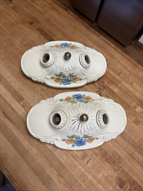 Antique ART Deco PORCELIER PORCELAIN Flush Mount LIGHT FIXTURES Matching Pair