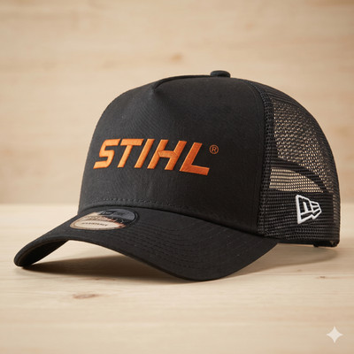 STIHL Logo Embroidered Trucker Hat - Black Mesh Back Chainsaw Enthusiast Cap