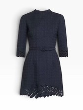 Oscar de la Renta Fern Embroidered Belted Tweed Mini Dress Navy P24 Size 6