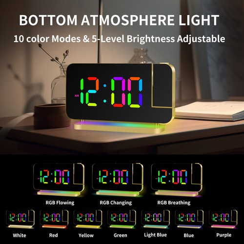LED Digital Projector Mirror Alarm Clock Time Projection Snooze Dual USB Alarms - Picture 44 of 64