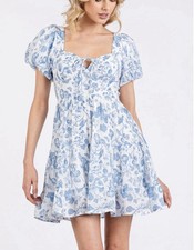 The Vintage Shop Blue & White Floral Tie-Front Puff-Sleeve Mini size s