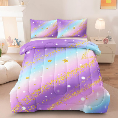 3 Pcs Twin Bedding Sets for Girls, Purple Glitter Rainbow Twin Size Bed Set, Sta