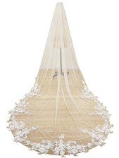 Long Pearl Floral Lace Soft Tulle Wedding Bridal Veil With Metal Comb
