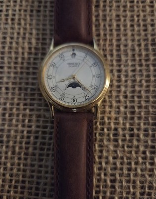 Vintage Seiko Moon Phase Quartz 6F22-7009 Gold Tone Leather Strap