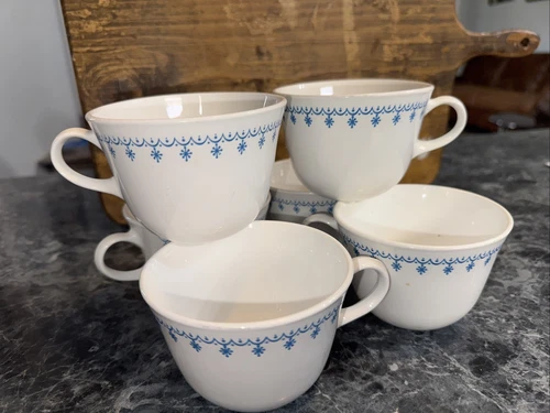 Pyrex Pattern Corelle Corning Snowflake Blue Garland Coffee Cup Mug Set 6 1970s