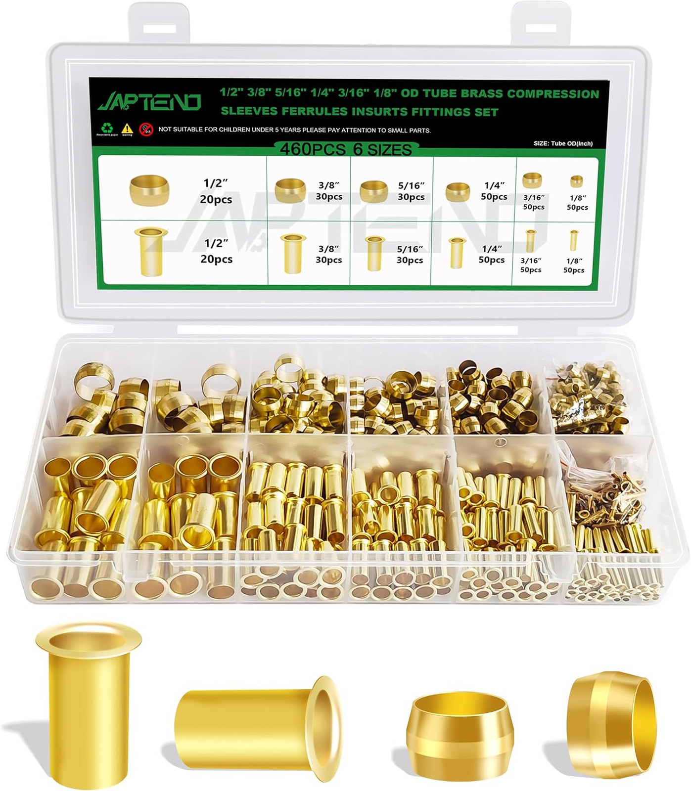 Brass Compression Fitting Ferrules Sleeves Kit 460pcs for Pipes Water Gas