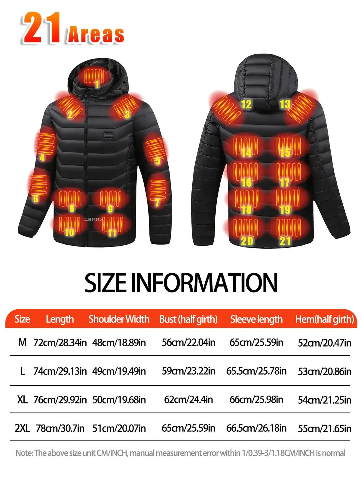 Heated Jacket 21 Areas USB DC Heated Coat Long Sleeve Hoodie w 5V Power Bank-US - product detail image 2