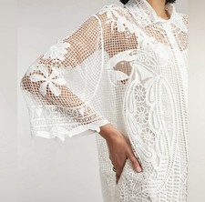 Tropical Wind Guipure White Lace Shirt Mini Dress with Slip Farm Rio Size Small