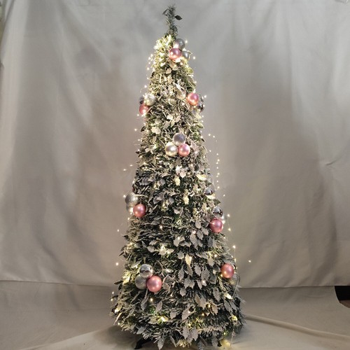 6FT Pre-Lit Flocked Fully Decorated Pull Up Christmas Tree Collapsible Xmas Tree - Picture 13 of 13