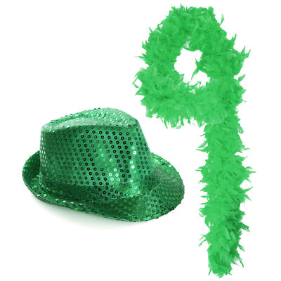GRÜNER PAILLETTENHUT + FEDER BOA TRILBY HUT ST PATRICKS KOSTÜM GRÜN ST PADDY