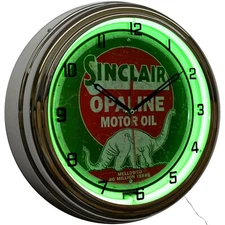 16" Sinclair Opaline Motor Oil Dinosaur Sign Green Neon Clock Garage Man Cave