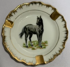 Vintage Japanese Ashtray Black Horse Equestrian Stallion Gold Trim 3.5”