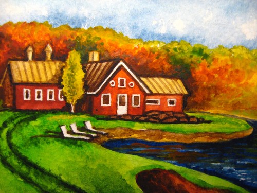 Original Watercolor Painting Country House Lake Tree Nature ACEO Art