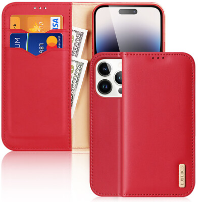 DUX DUCIS Echt Leder Flip RFID Wallet Case für Apple iPhone 14 Pro - Rot